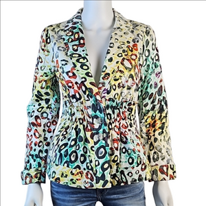 V Christina Cotton Stretch Multi-Color Animal Print Cinched Waist Jacket Blazer